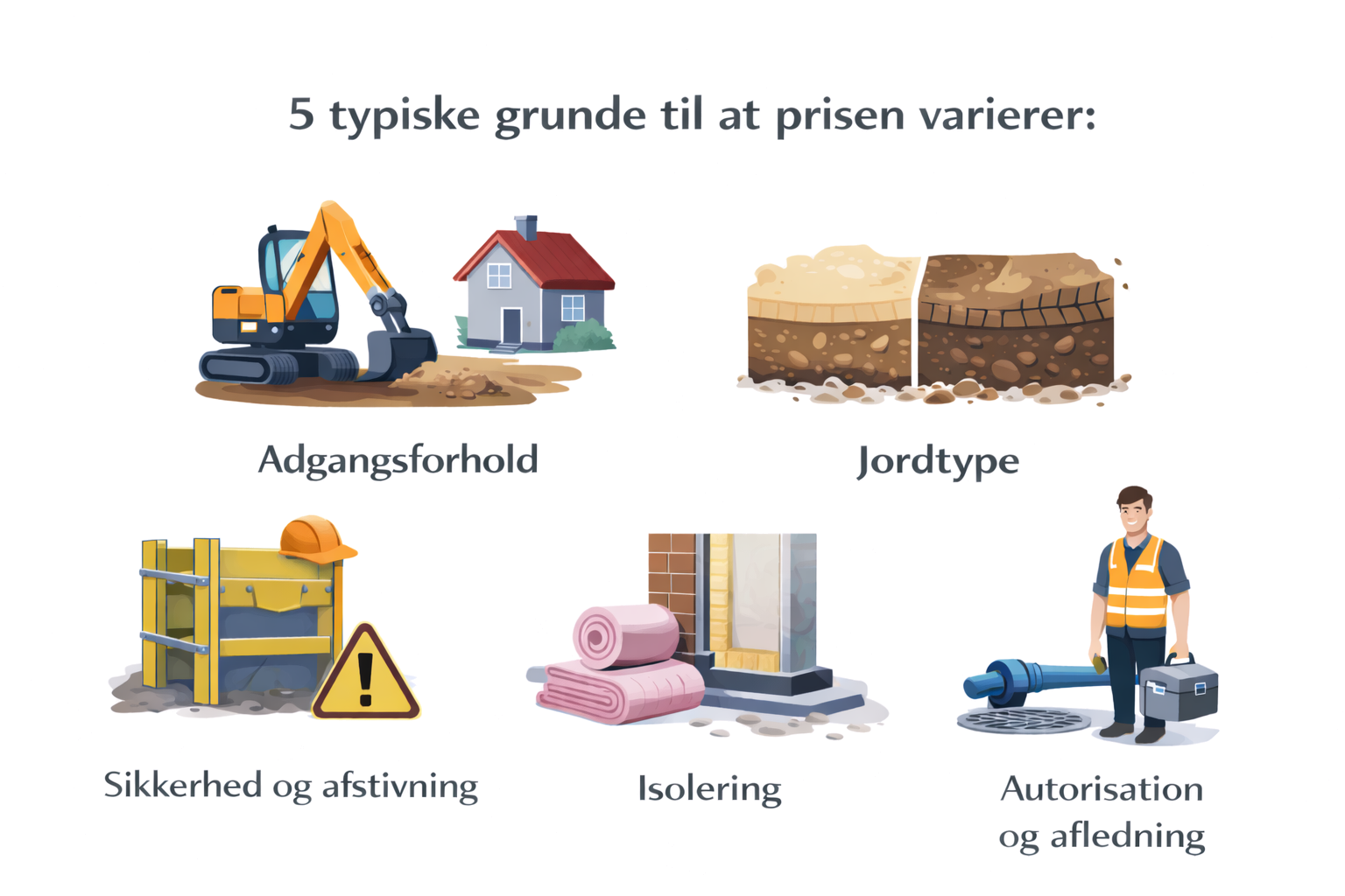 5 typiske grunde til at prisen varierer: adgangsforhold, jordtype, sikkerhed og afstivning, isolering, autorisation og afledning